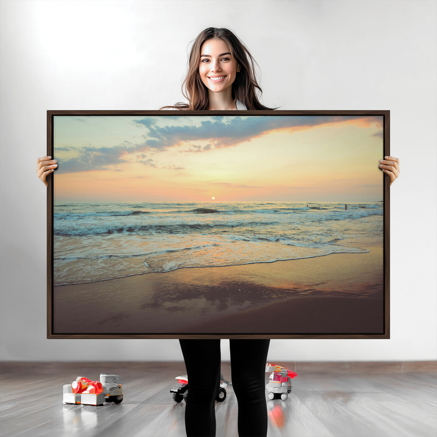 -Sunset Seascape Wall Art Canvas Print – Framed Pastel Ocean View Tranquil Beach Scene Nature Artwork for Home Office