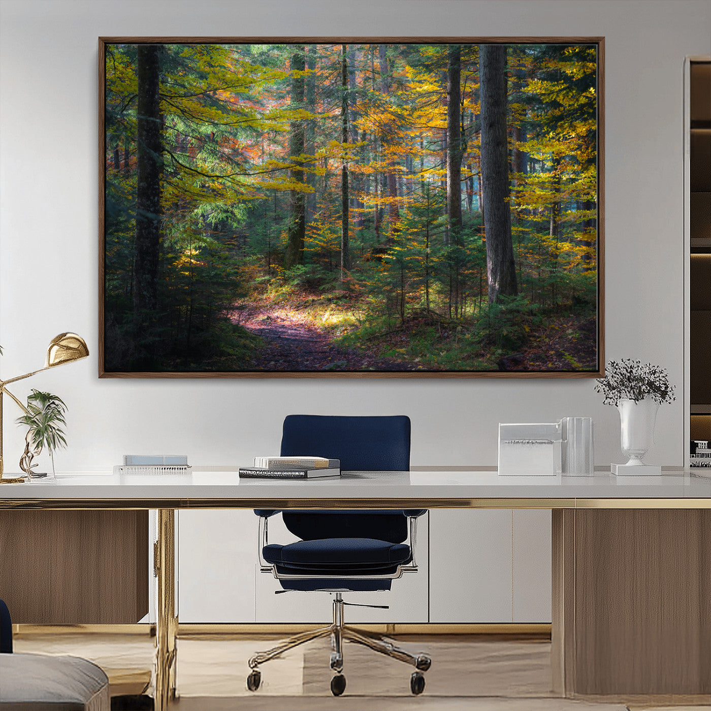 A serene autumn forest with golden and green leaves, a misty atmosphere, and a sunlit pathway, creating a tranquil nature-inspired wall art piece.