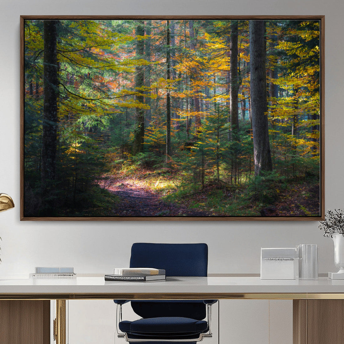 Autumn Forest Wall Art Canvas Print, Framed Fall Woodland with Golden Leaves