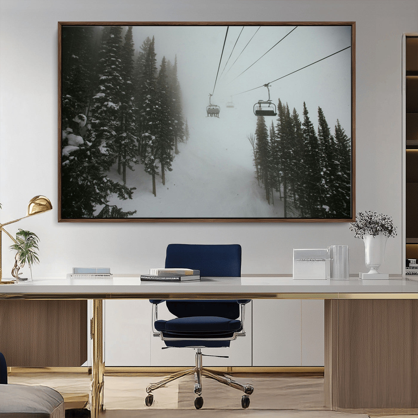 87018452-MGV-CV-36X24-Ski Lift Wall Art Canvas Print – Snowy Pines Misty Landscape Winter Serenity Artwork for Home, Office Decor