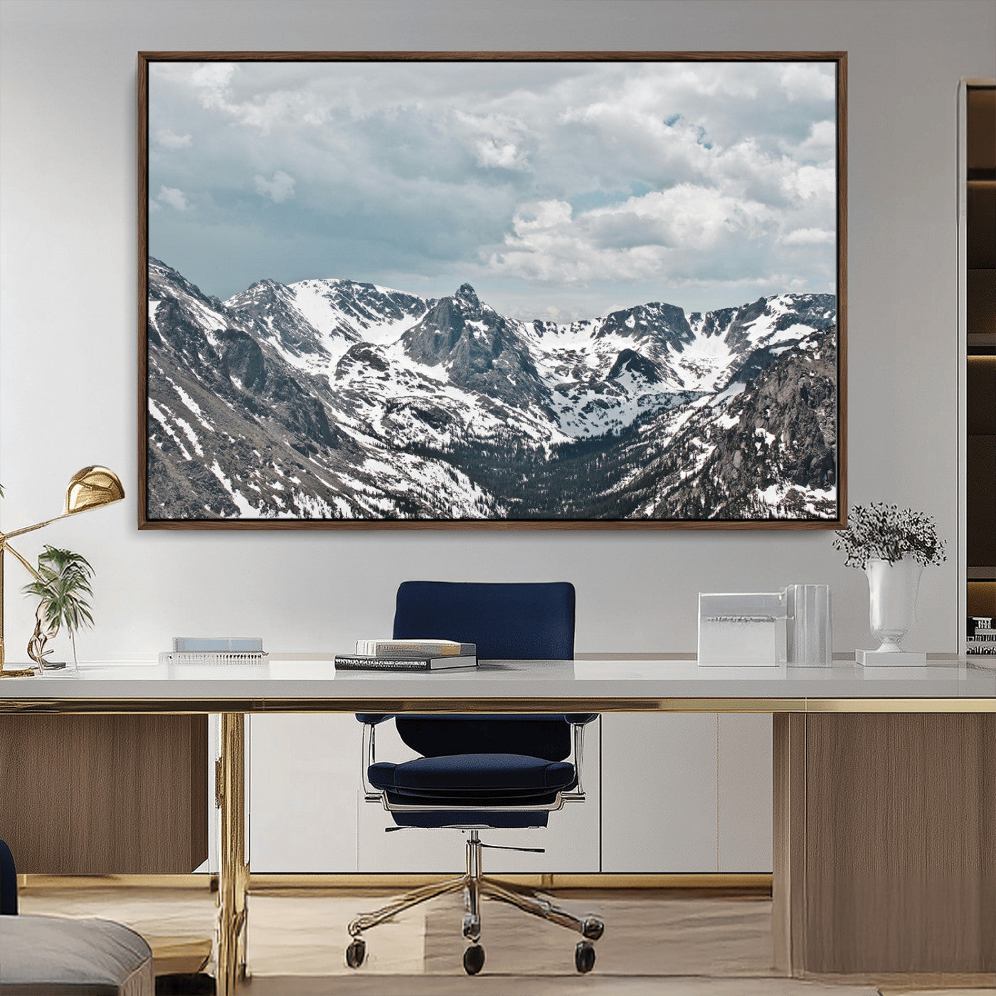 94074619-MGV-FC-36X24_Walnut-Snowy Peaks Wall Art Canvas Print – Alpine Wilderness Mountain Escape Winter Serenity Artwork for Home, Office