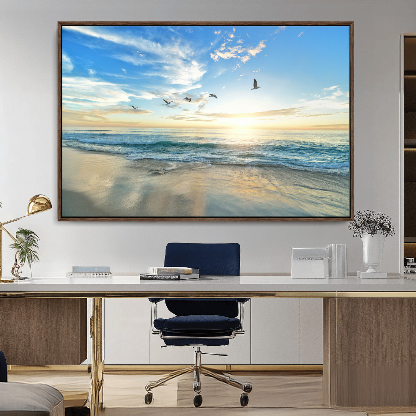 20708696-MGV-CV-36X24-Minimalist Seaside Wall Art Canvas Print – Morning Glow Golden Reflections Coastal Nature Artwork for Home, Office