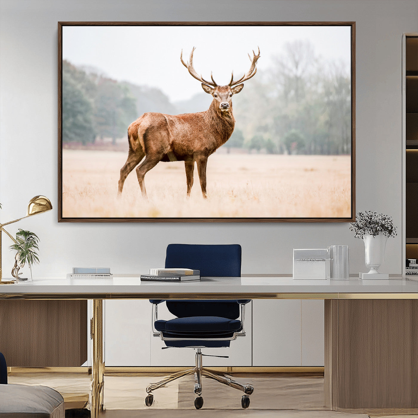 -Vintage Wildlife Wall Art Canvas Print – Misty Landscape Deer Rustic Nature Photography Artwork for Home, Office