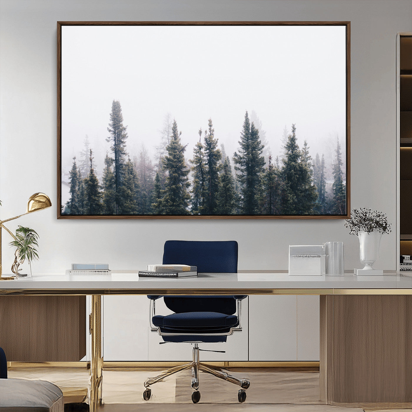 -Foggy Forest Wall Art Canvas Print – Framed Misty Pines Moody Woodland Nature Scene Artwork for Home Office