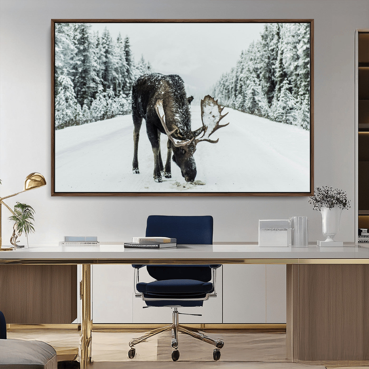 -Moose Snow Wall Art Canvas Print – Framed Winter Wildlife Snowy Forest Nature Scene Artwork for Home, Office, Living Room