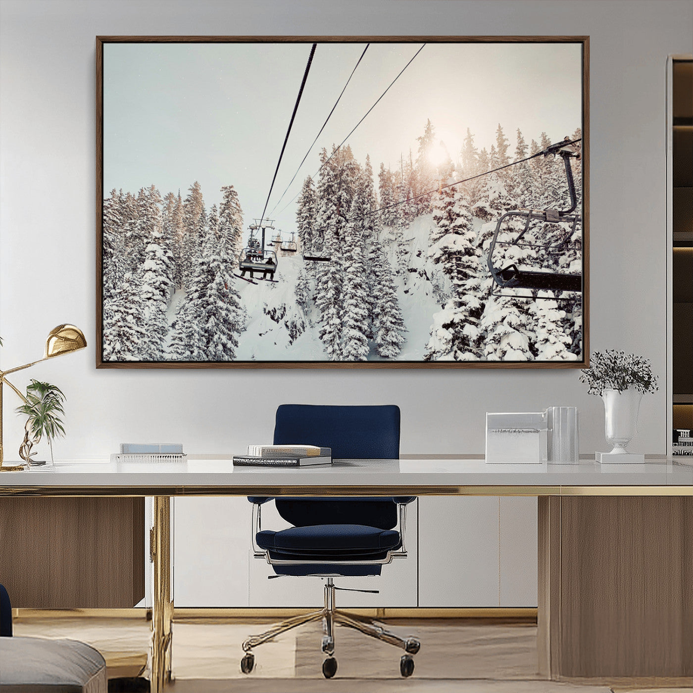 91534512-MGV-CV-36X24-Frosty Pines Wall Art Canvas Print – Framed Cozy Cabin Ski Lift Ride Winter Scene Artwork for Home Office