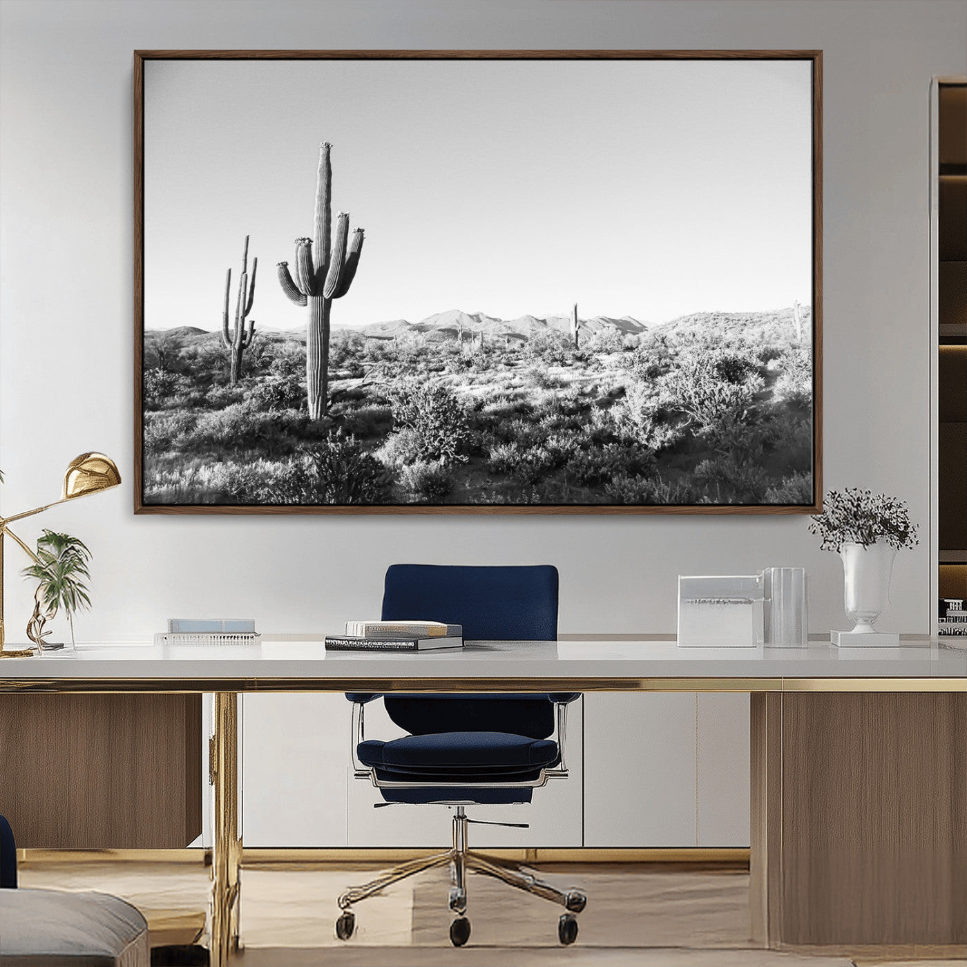 85205054-MGV-CV-36X24-Saguaro Cactus Wall Art Canvas Print – Framed Monochrome Landscape Scenic Arizona Minimalist Western Artwork for Home, Office