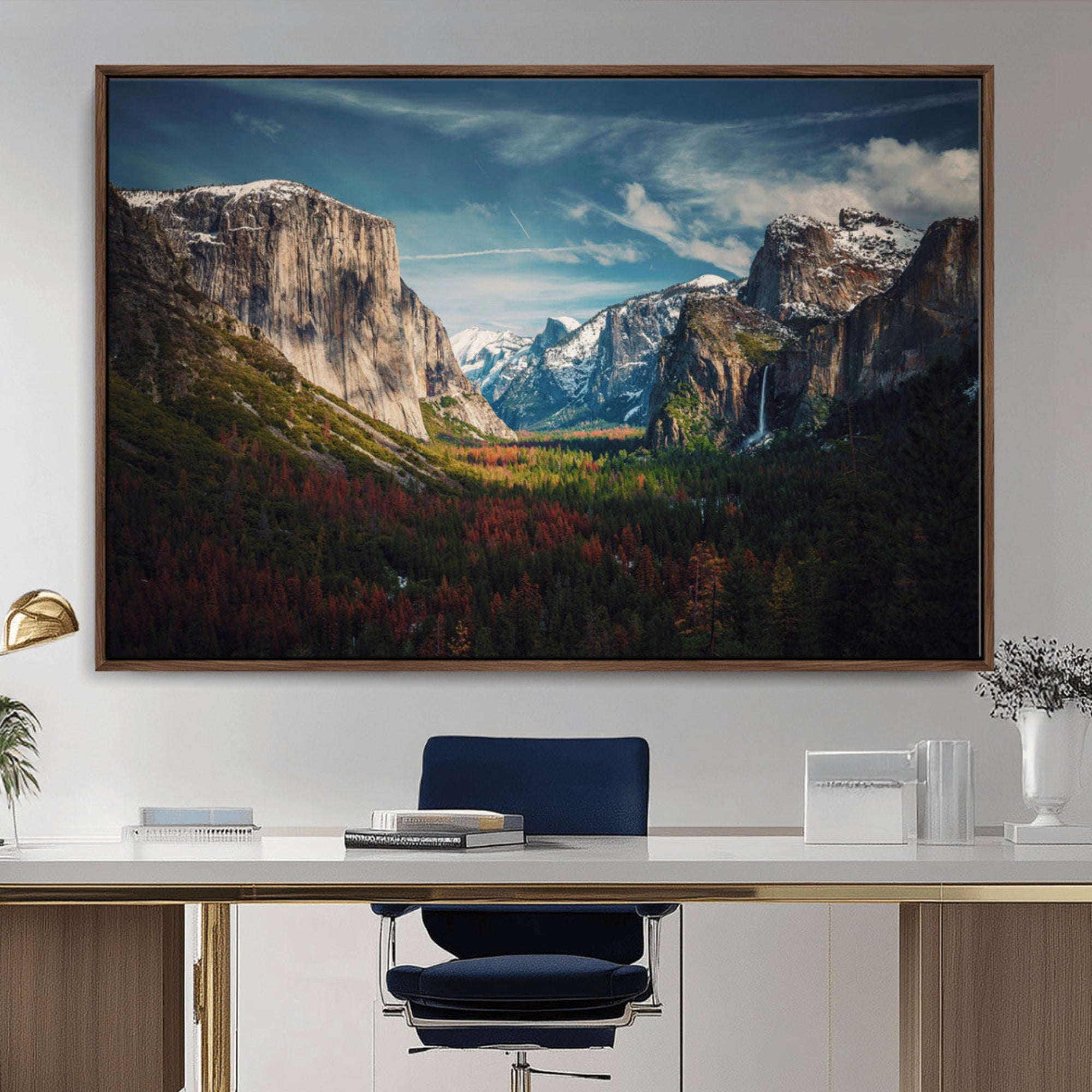 Framed canvas print of Yosemite National Park, featuring El Capitan and a scenic waterfall, ideal for rustic farmhouse or adventure-themed home decor.