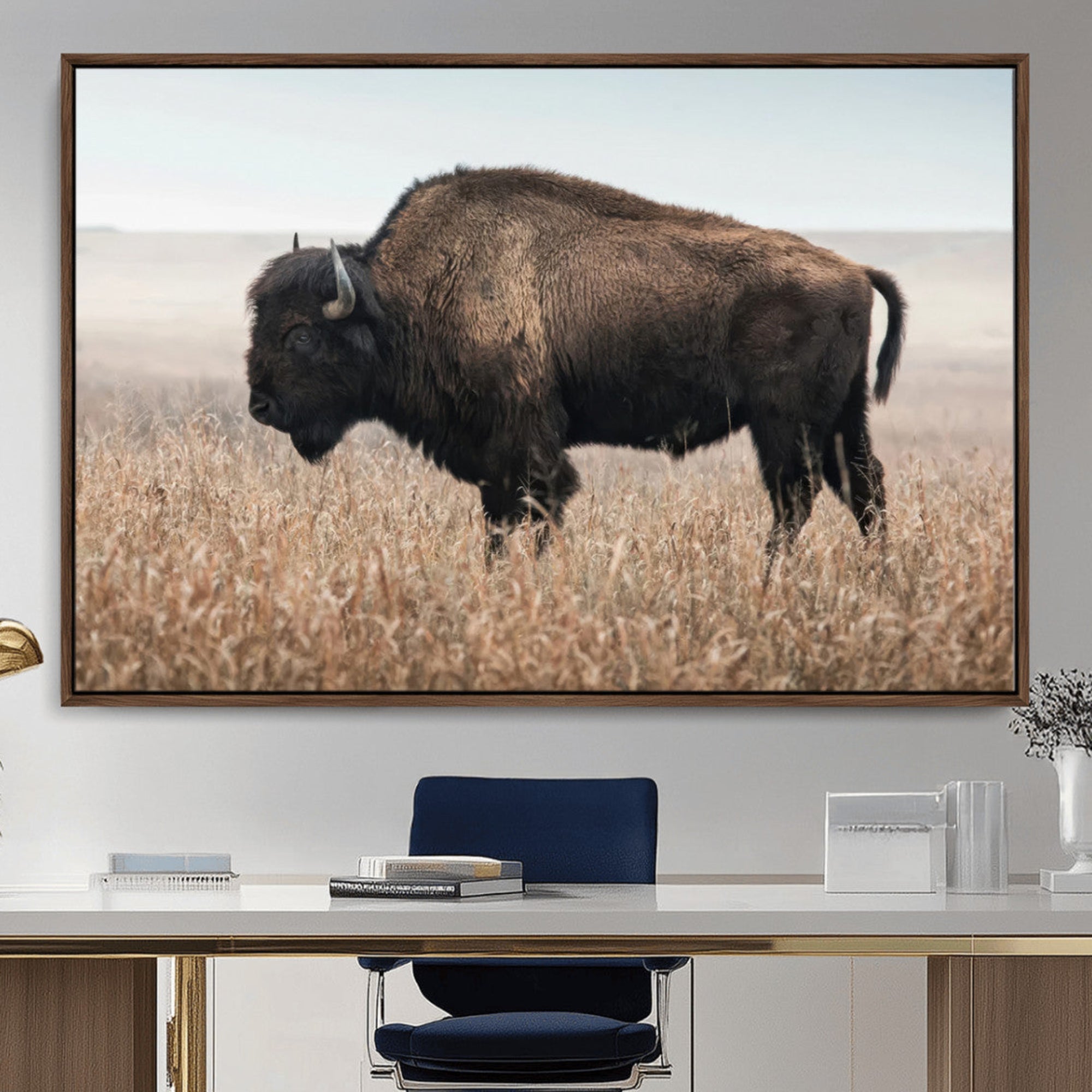 -American Bison Field Wall Art Canvas Print – Majestic Buffalo Grazing Wide Open Plains Wildlife Artwork for Home, Office