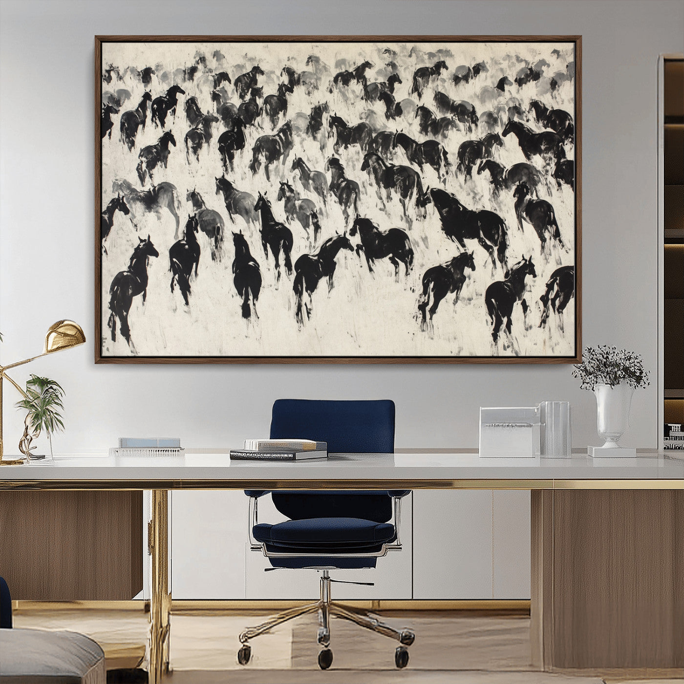 29265745-MGV-FC-36X24_Walnut-Wild Horse Stampede Wall Art Canvas Print – Monochrome Running Horses Dynamic Motion Elegant Scene Artwork for Home, Office