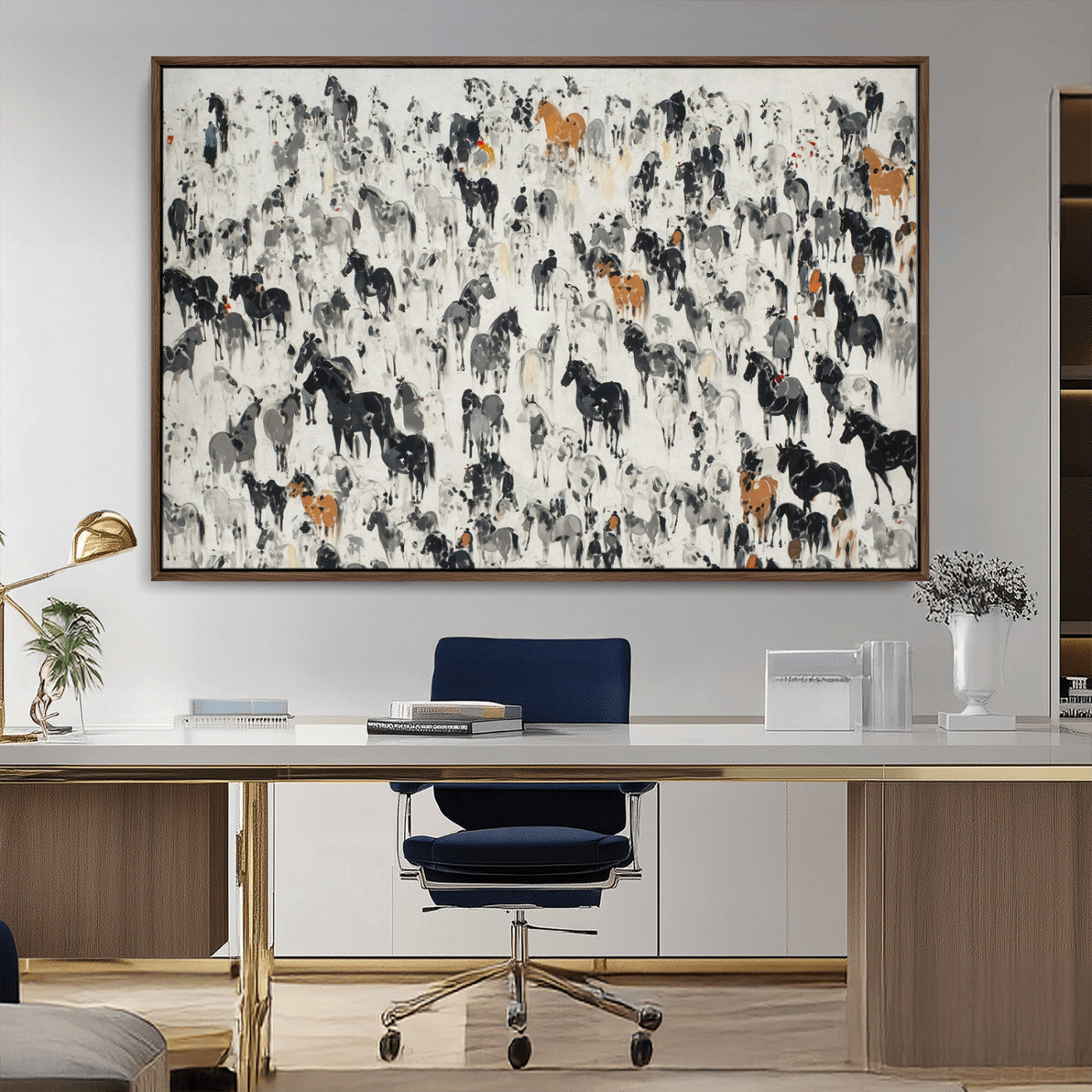 56463722-MGV-FC-36X24_Walnut-Wild Horse Stampede Wall Art Canvas Print – Monochrome Running Horses Dynamic Motion Elegant Scene Artwork for Home, Office