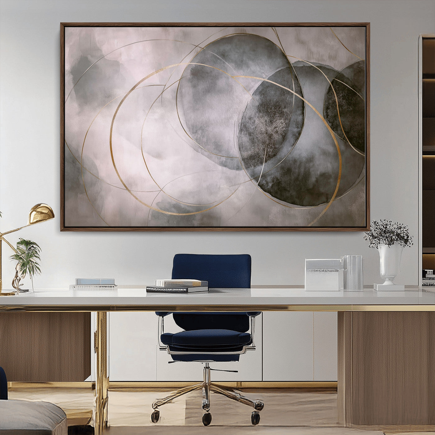 20066876-MGV-CV-36X24-Abstract Grey Gold Circle Wall Art – Modern Geometric Canvas Artwork, Minimal Elegant Design, Luxury Wall Decor for Home, Office