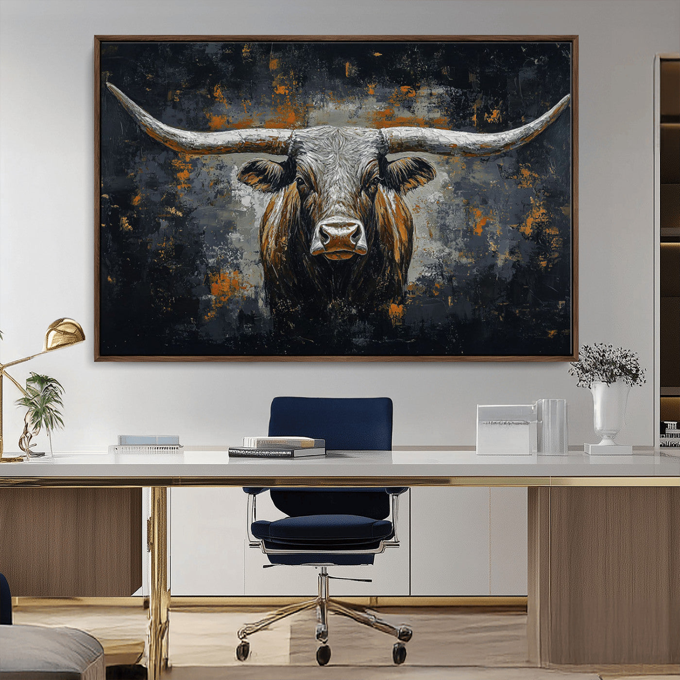 93195031-MGV-CV-36X24-Rustic Longhorn Bull Wall Art Canvas Print – Vintage Western Cattle Scene, Texas Steer Artwork for Home, Office