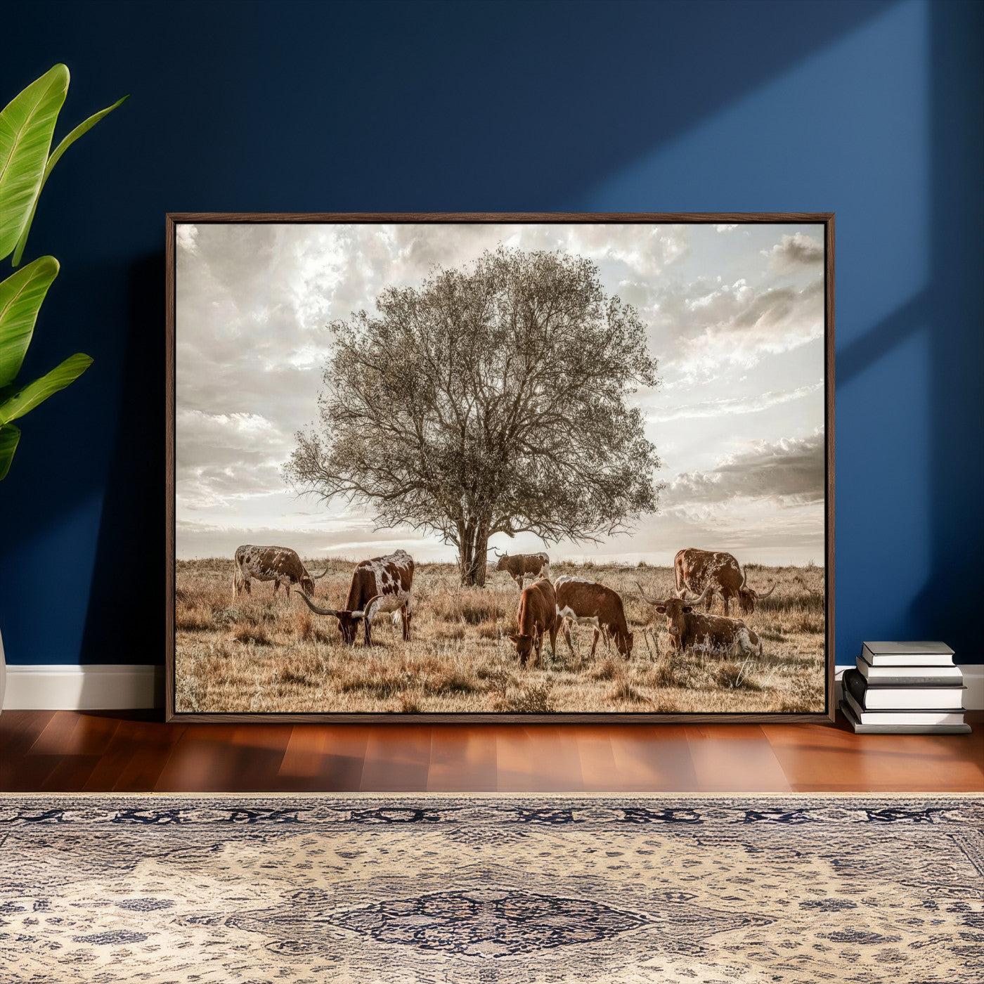 87590224-MGV-CV-36X24 - Texas Longhorn Cattle Wall Art Canvas Print – Rustic Western Ranch Scene with Steers at Sunset, Perfect for Farmhouse or Cowboy Decor