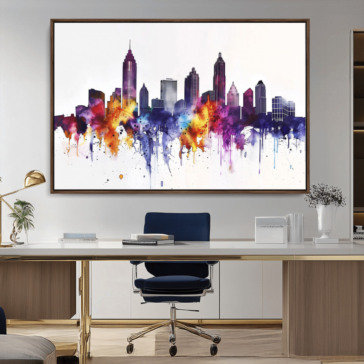 34479880-MGV-FC-36X24_Walnut-Atlanta Skyline Wall Art Canvas Print – Framed Colorful Watercolor Cityscape Artwork for Home, Office, Living Room