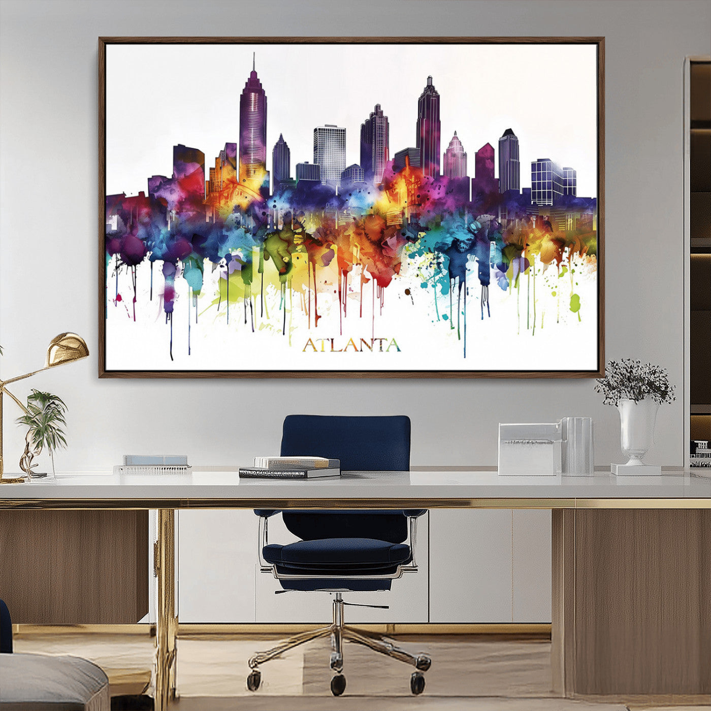 36048320-MGV-FC-36X24_Walnut-Atlanta Skyline Wall Art Canvas Print – Framed Colorful Watercolor Cityscape Abstract Urban Artwork for Home, Office