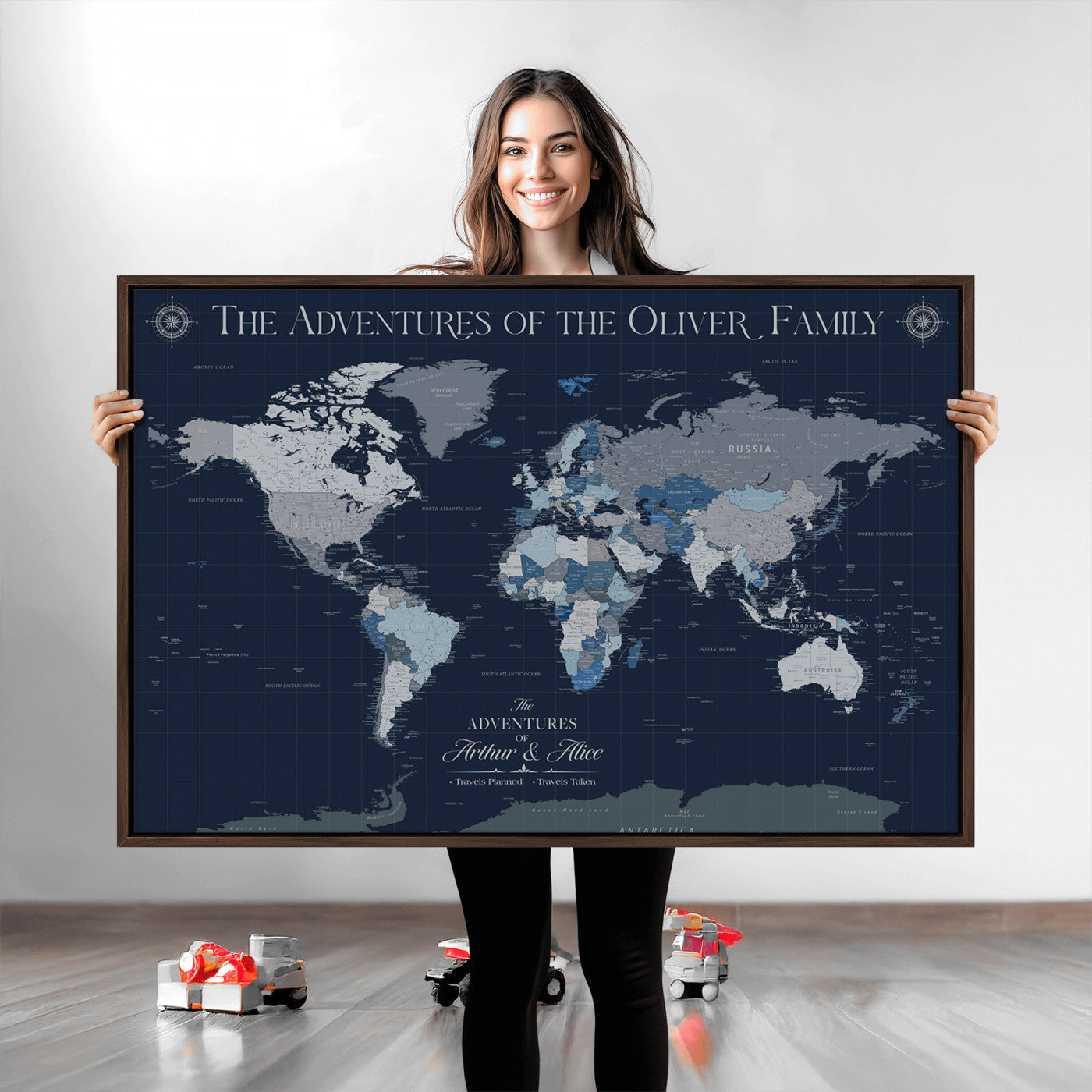 -Personalized Family Adventure World Map – Custom Framed Push Pin Travel Tracker Canvas, Elegant Wall Art for Home, Office