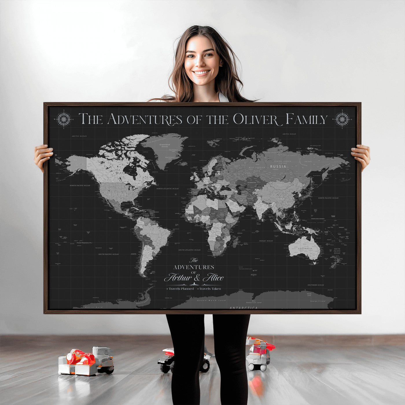 -Personalized Family World Map Canvas – Custom Framed Push Pin Travel Tracker, Modern Adventure Wall Art for Home, Office