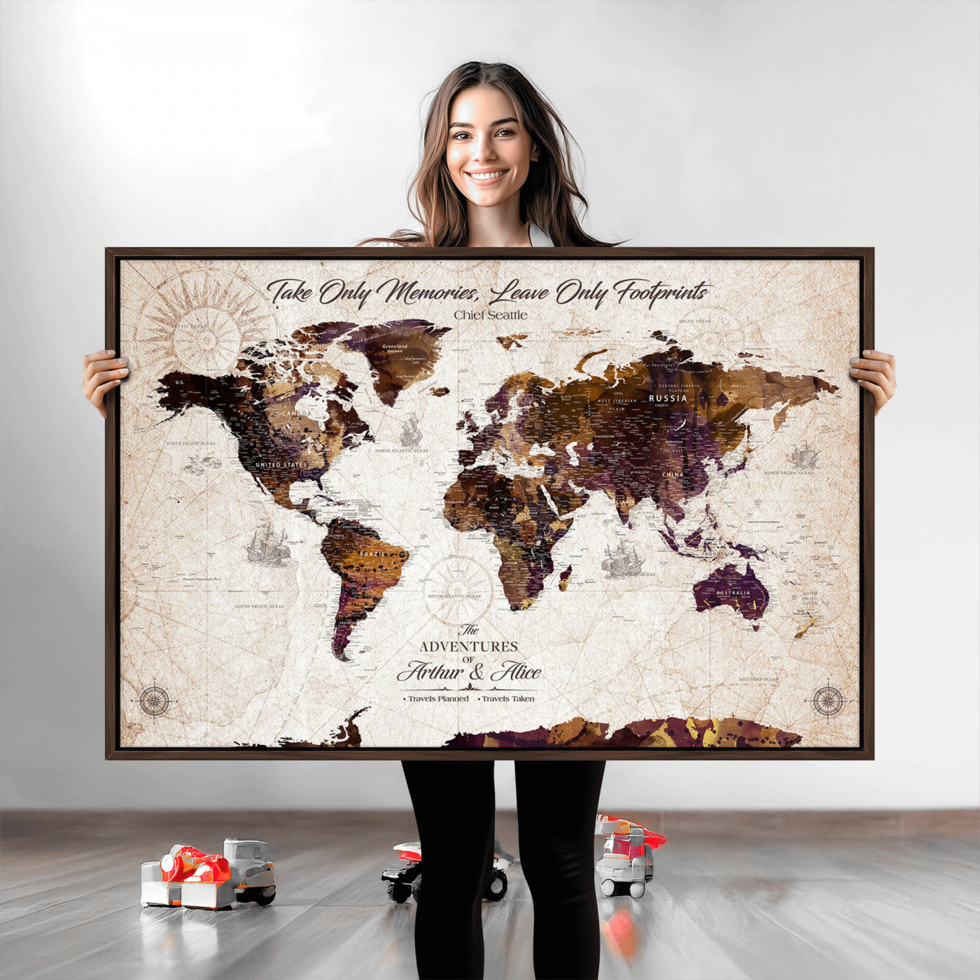 -Personalized World Map Canvas – Custom Framed Push Pin Travel Tracker, Elegant Wall Art Gift for Couples for Home, Office