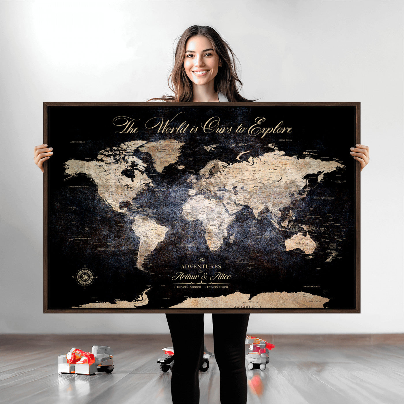 -Personalized Push Pin World Map Canvas Print Framed Custom Travel Tracker with 100 Pins Artwork for Home, Office