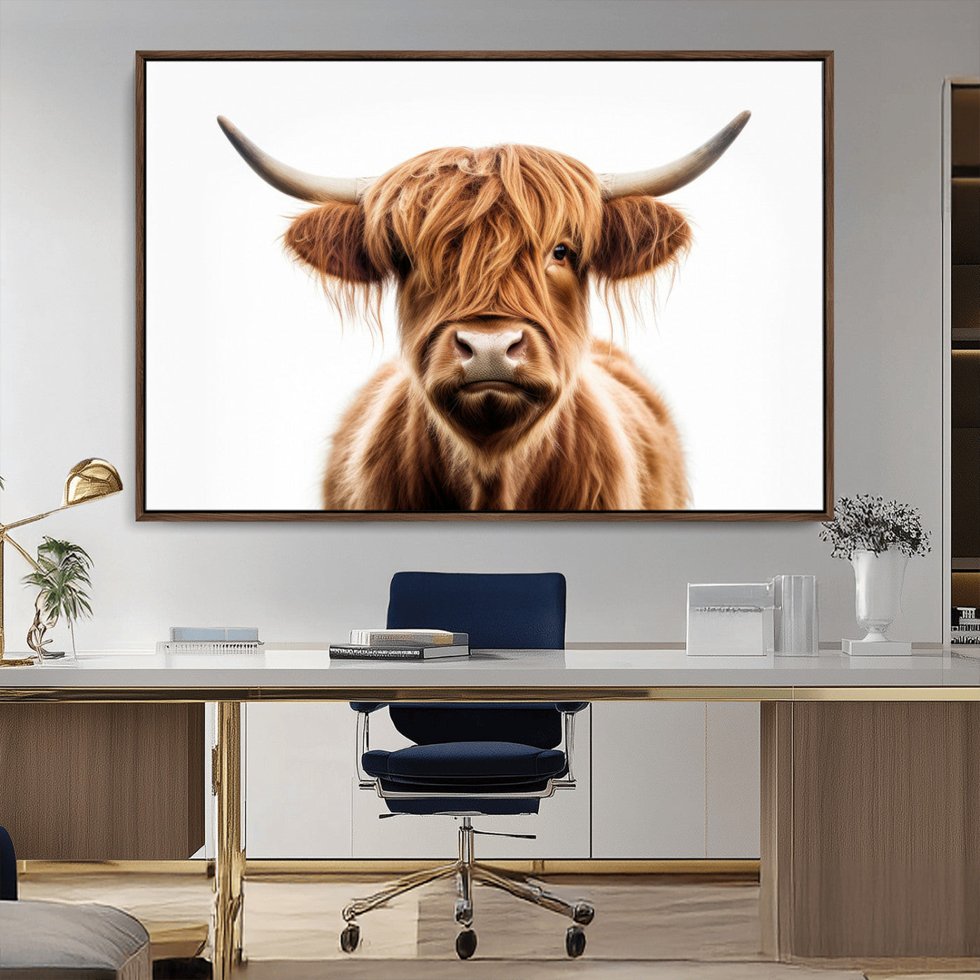 637908607-MGV-FC-48X32-3P_White-Scottish Highland Cow Canvas Print, Framed Highland Cow Canvas Home Decor