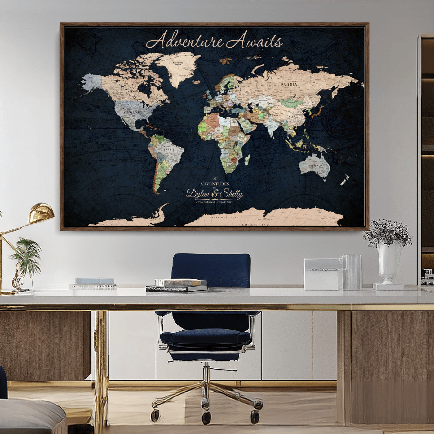 Rehber01-MGV-CV-36X24-Personalized World Map Canvas Print – Framed Push Pin Travel Wall Art for Couples – Adventure & Anniversary Gift