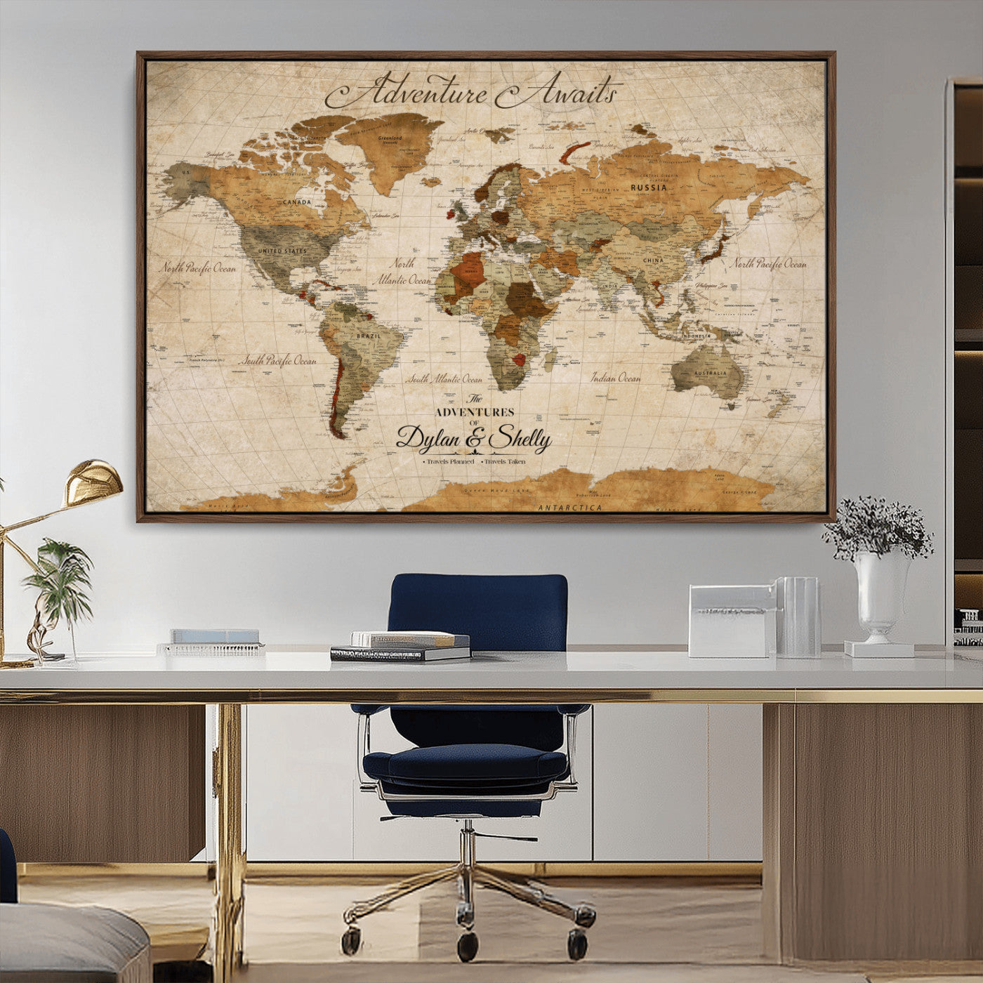 Rehber01-MGV-CV-36X24-Personalized Push Pin World Map Canvas Print – Custom Adventure Travel Map, Framed Wall Art Gift for Couples or Family