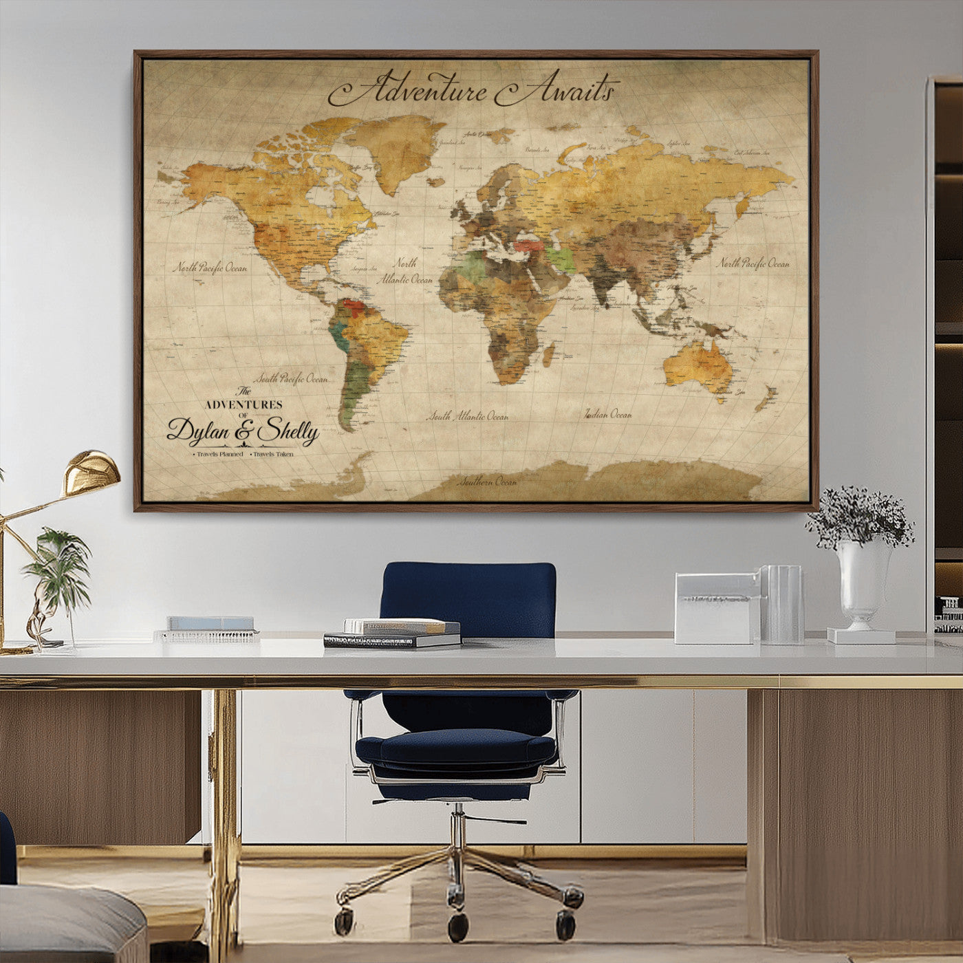 Rehber01-MGV-CV-36X24-Personalized World Map Canvas – Custom Framed Push Pin Travel Map Wall Art, Rustic Vintage Gift for Couples and Travel Lovers