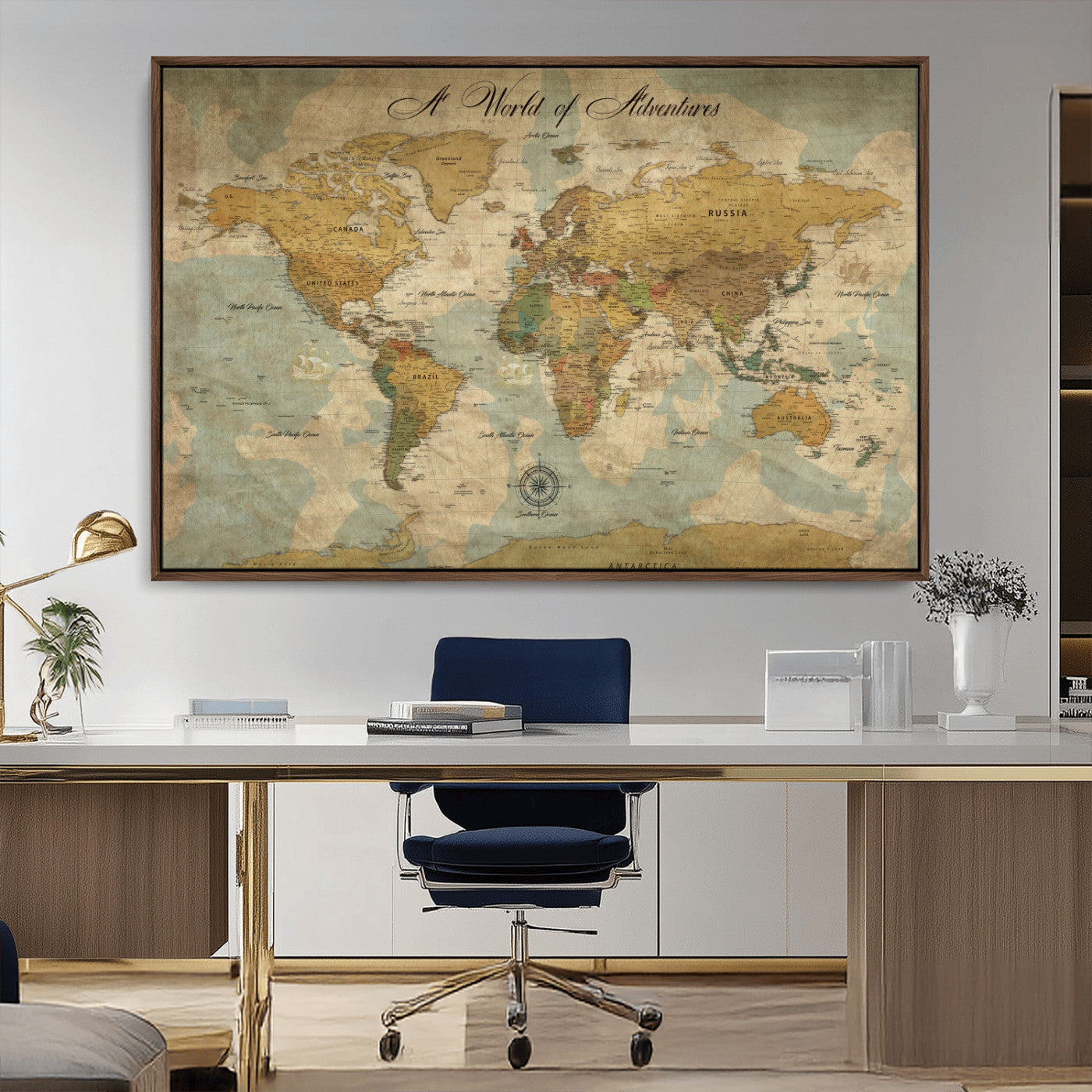 Rehber01-MGV-CV-36X24-Personalized World Map Canvas – Custom Framed Push Pin Travel Map Wall Art, Vintage Style Gift for Couples or Families