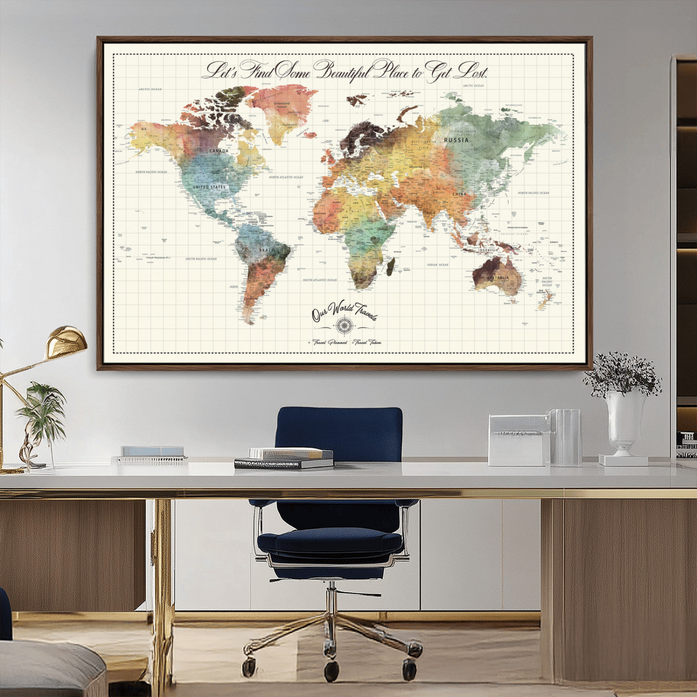 -Personalized Push Pin World Map Canvas Print – Custom Adventure Travel Tracker Map, Framed Wall Art Gift for Couples or Family