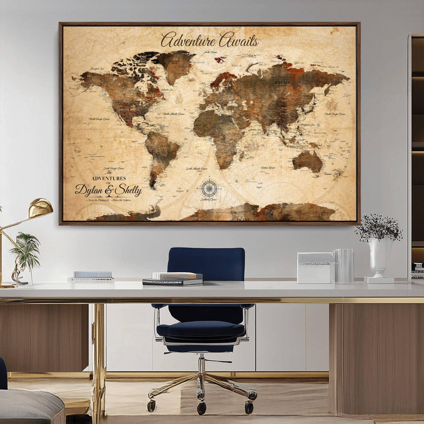 Rehber01-MGV-CV-36X24-Personalized World Map Canvas Wall Art – Custom Framed Push Pin Travel Tracker Print, Unique Gift for Home or Office Decor