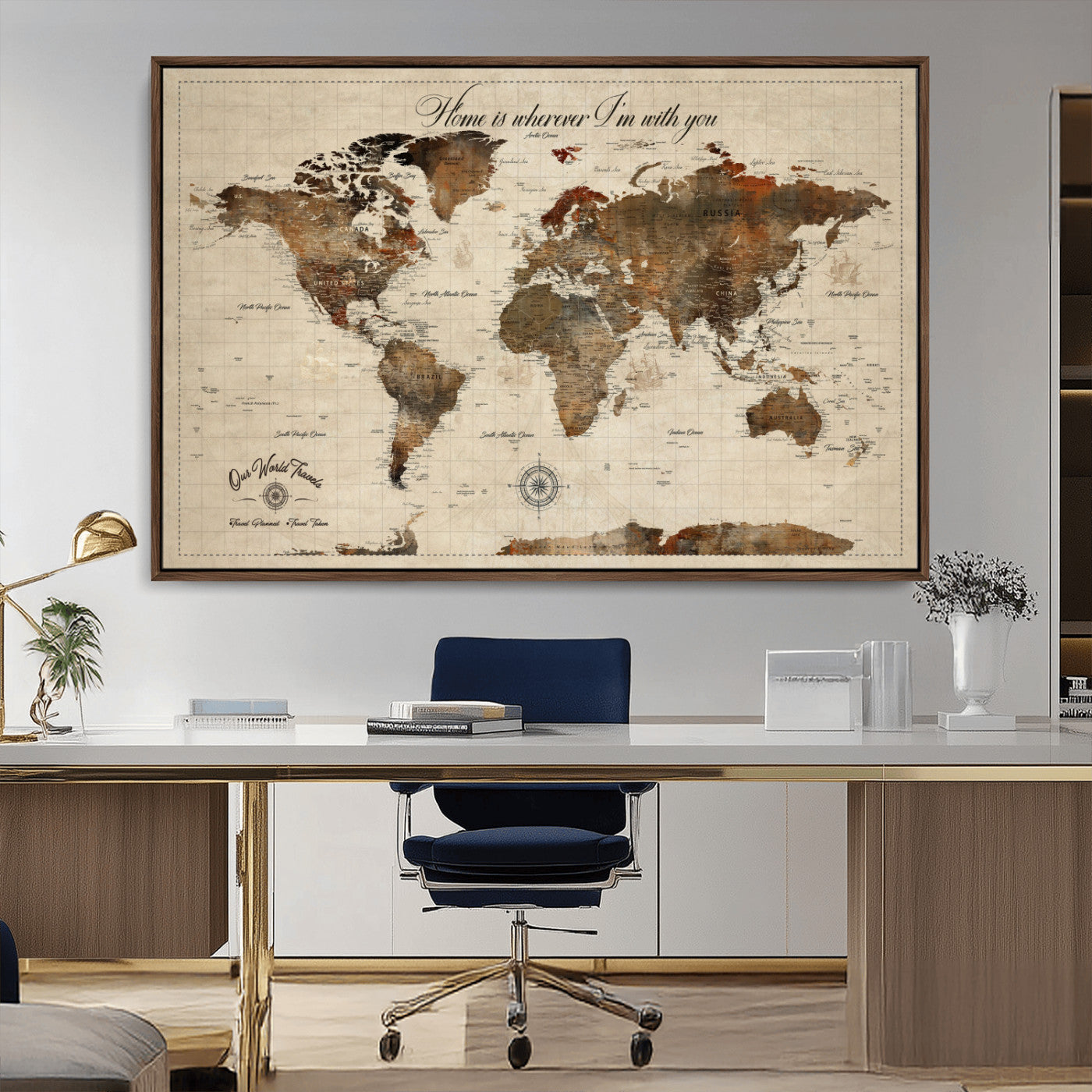 Rehber01-MGV-CV-36X24-Personalized World Map Canvas Wall Art – Custom Framed Push Pin Travel Tracker Print, Unique Gift for Home or Office Decor