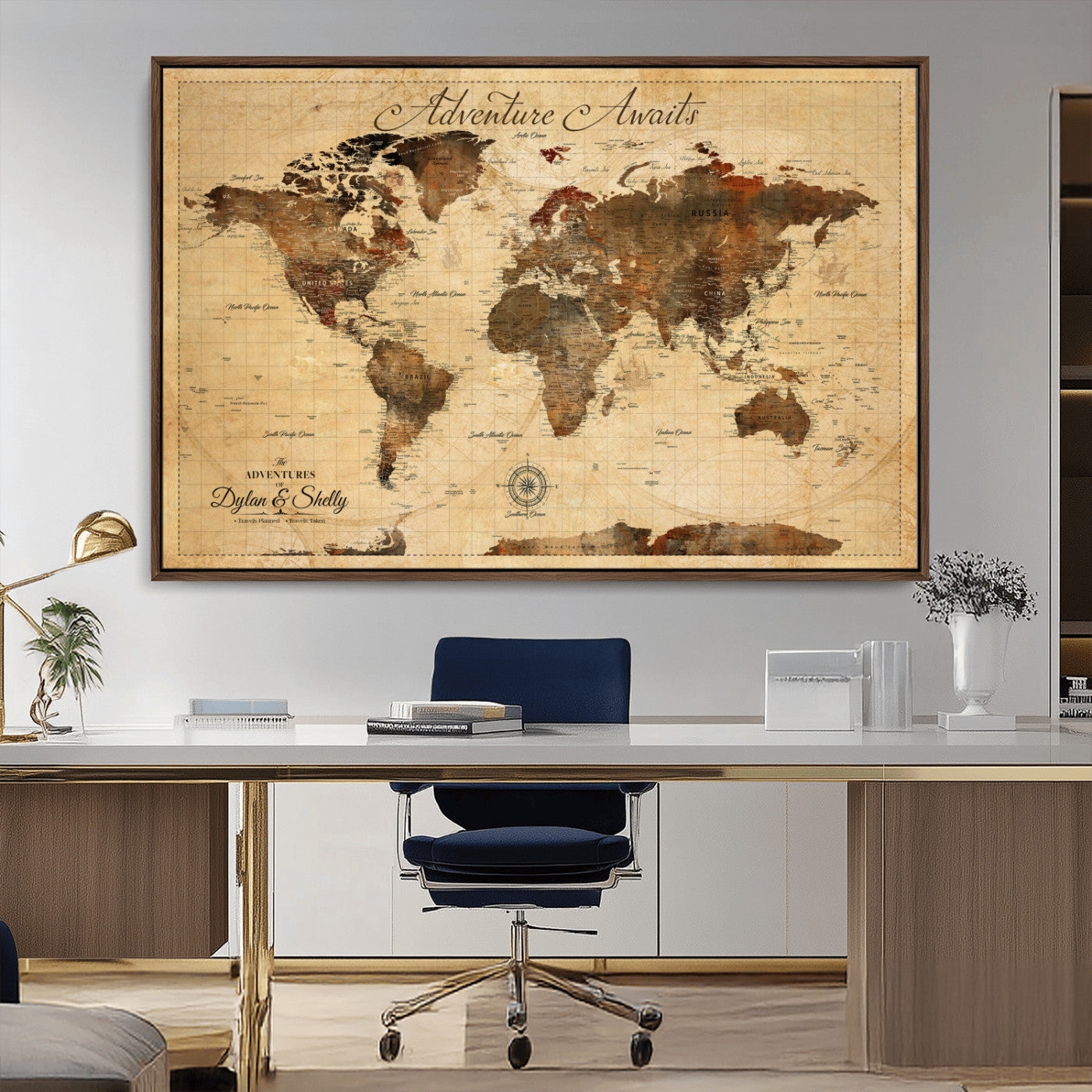 Rehber01-MGV-CV-36X24-Personalized World Map Canvas Wall Art – Custom Framed Push Pin Travel Tracker Print, Unique Gift for Home or Office Decor