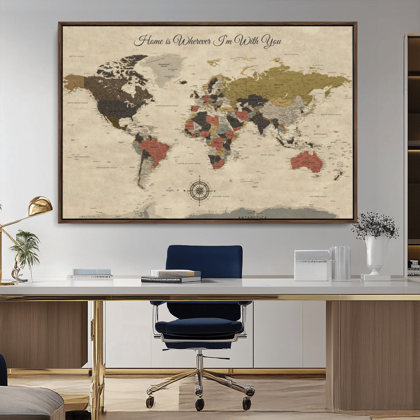 -Personalized World Map Wall Art Canvas Print – Customizable Push Pin Framed Travel Map Artwork for Home Office
