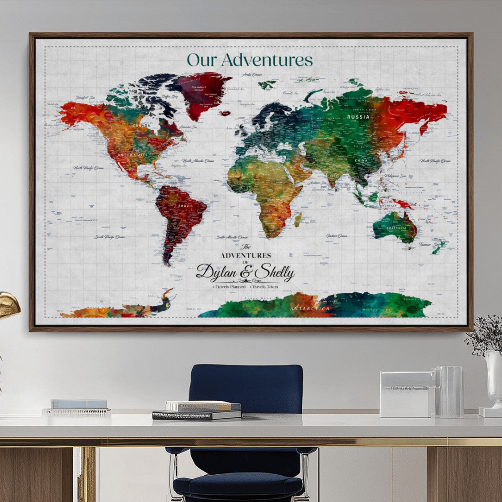 Rehber01-MGV-CV-36X24-Personalized World Map Canvas Wall Art – Custom Framed Push Pin Travel Tracker Print, Unique Gift for Home or Office Decor