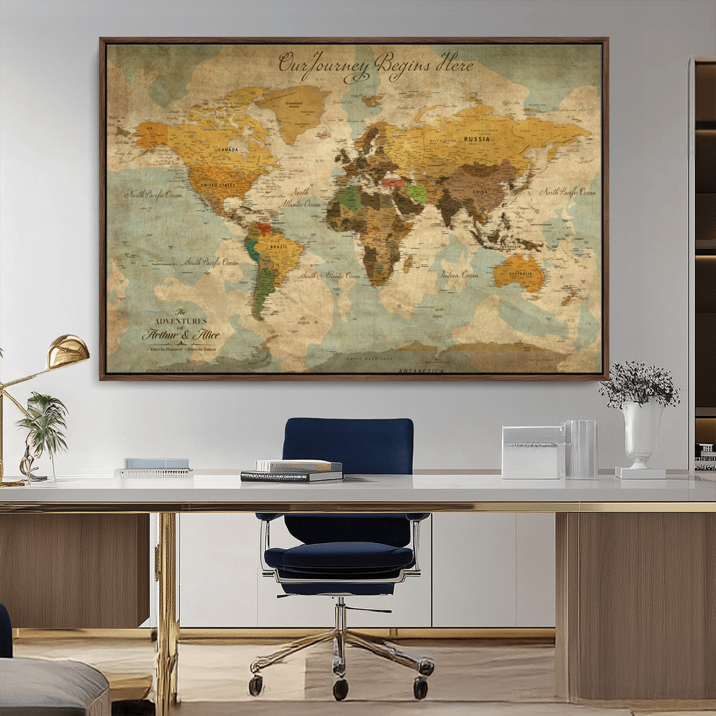 Rehber01-MGV-CV-36X24-Personalized World Map Canvas Wall Art – Custom Framed Push Pin Travel Tracker Print, Unique Gift for Home or Office Decor