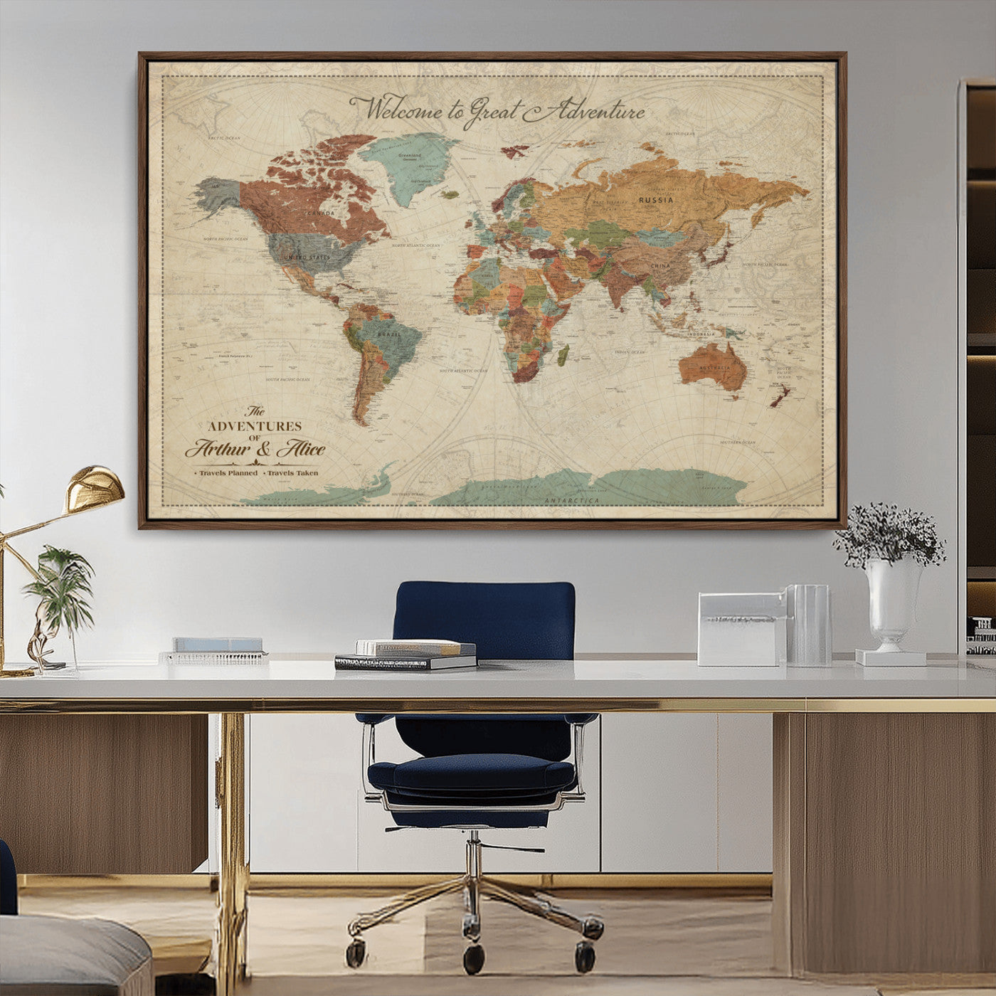 -Personalized World Map Canvas Wall Art – Custom Framed Push Pin Travel Tracker Print, Unique Gift for Home or Office Decor