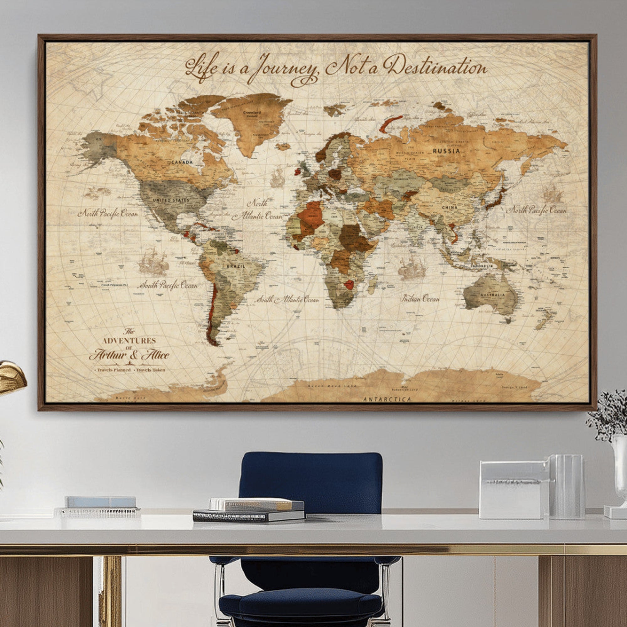 Rehber01-MGV-CV-36X24-Personalized Framed World Map Wall Art Canvas Print – Custom Push Pin Travel Tracker Handcrafted USA for Home Office