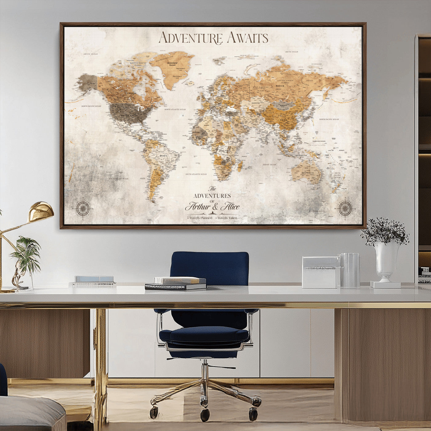 Rehber01-MGV-CV-36X24-Personalized World Map Canvas Print – Custom Push Pin Travel Map Vintage Neutral Style Gift for Couples Travelers for Home Office
