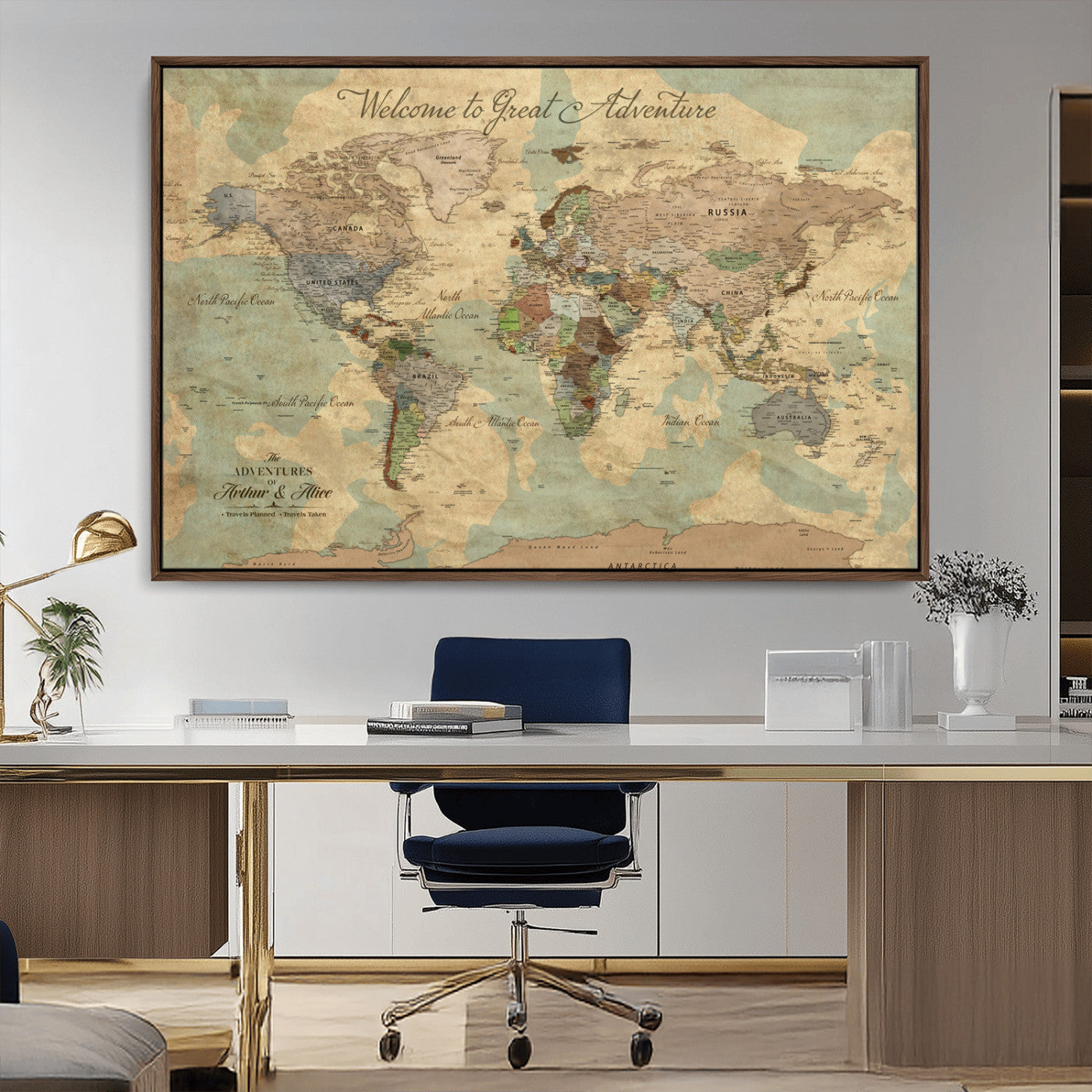 Rehber01-MGV-CV-36X24-Personalized World Map Canvas Wall Art – Custom Framed Push Pin Travel Tracker Print, Unique Gift for Home or Office Decor