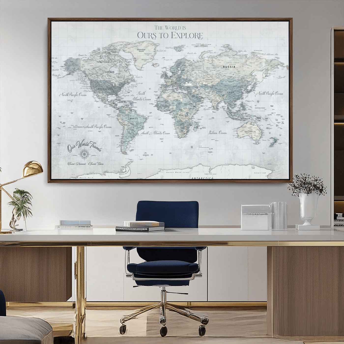 Rehber01-MGV-CV-36X24-Personalized Push Pin World Map Canvas Print – Custom Framed Travel Tracker Wall Art Large Map Artwork for Home, Office