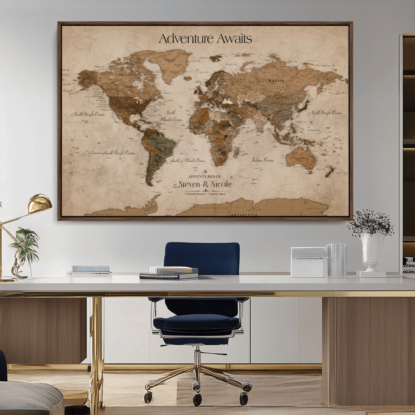 -Personalized Push Pin World Map Canvas – Custom Framed Travel Tracker Wall Art, Large Adventure Map with Pins for Home, Office