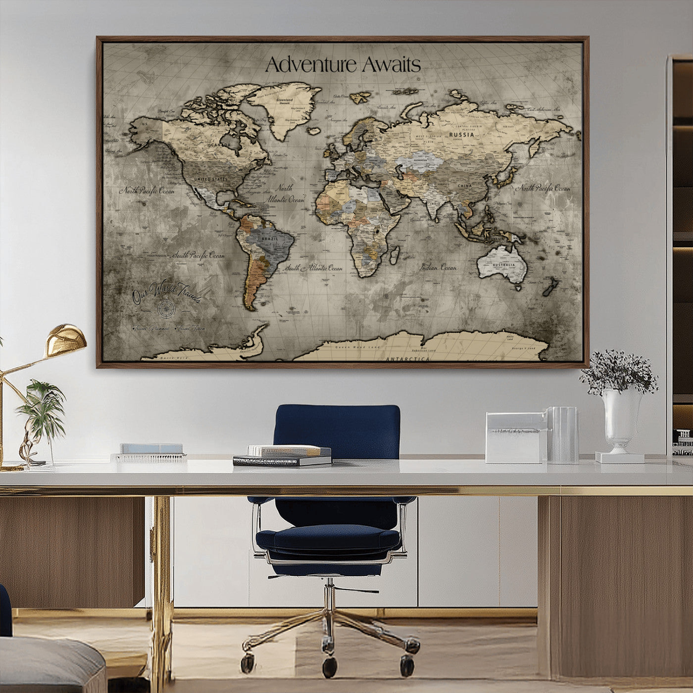 -Tree Rings Wall Art Canvas Print, Framed Wood Texture Art Picture Print, Blue Grain Perfect Rustic