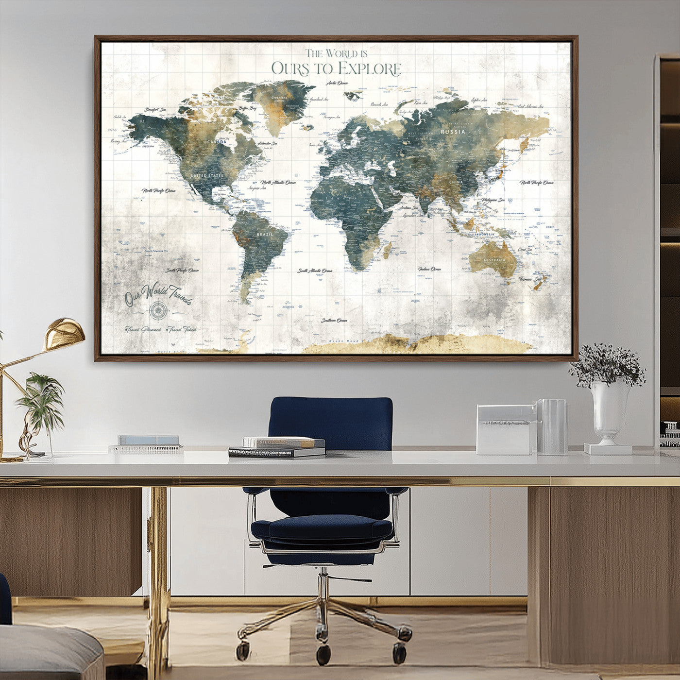 -Custom Push Pin World Map Wall Art Canvas Print – Adventure Travel Tracker Map with Pins Artwork for Home Office