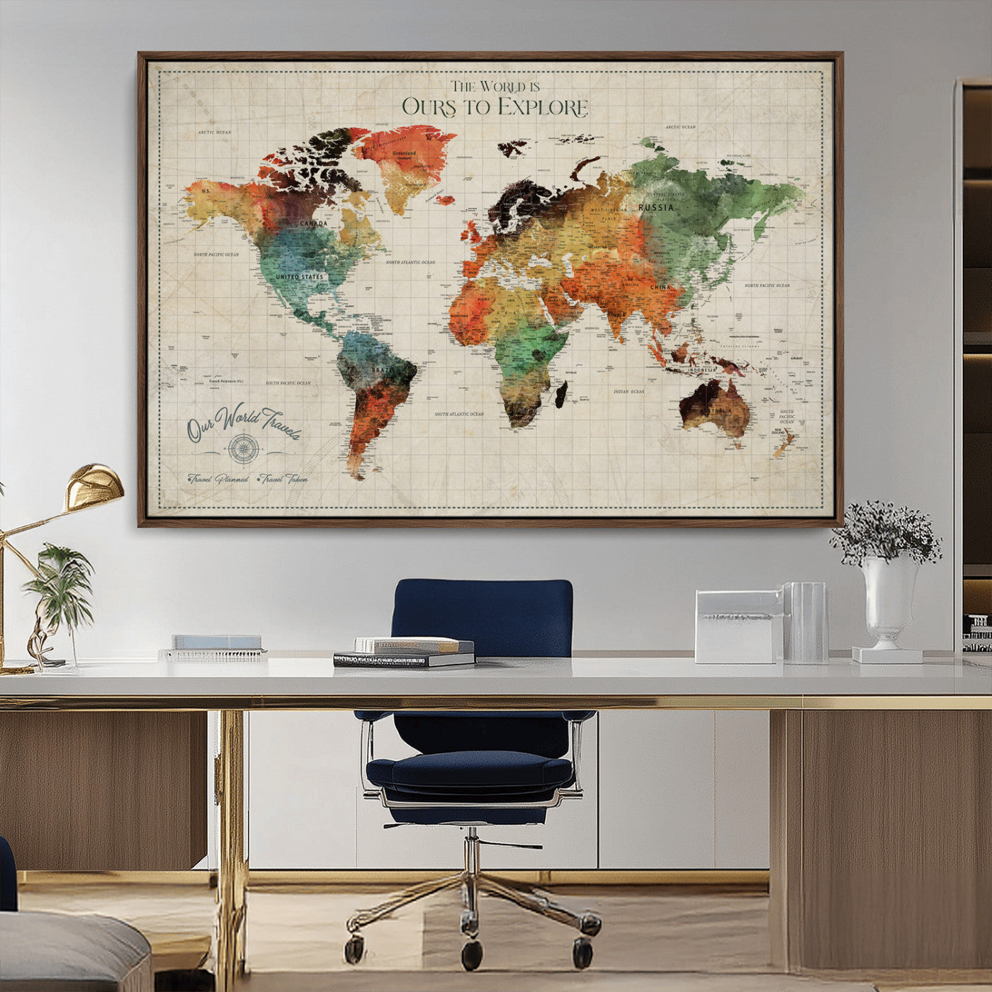 Rehber01-MGV-CV-36X24-Custom Push Pin World Map Wall Art Canvas Print – Personalized Travel Tracker Map Framed Artwork for Home Office