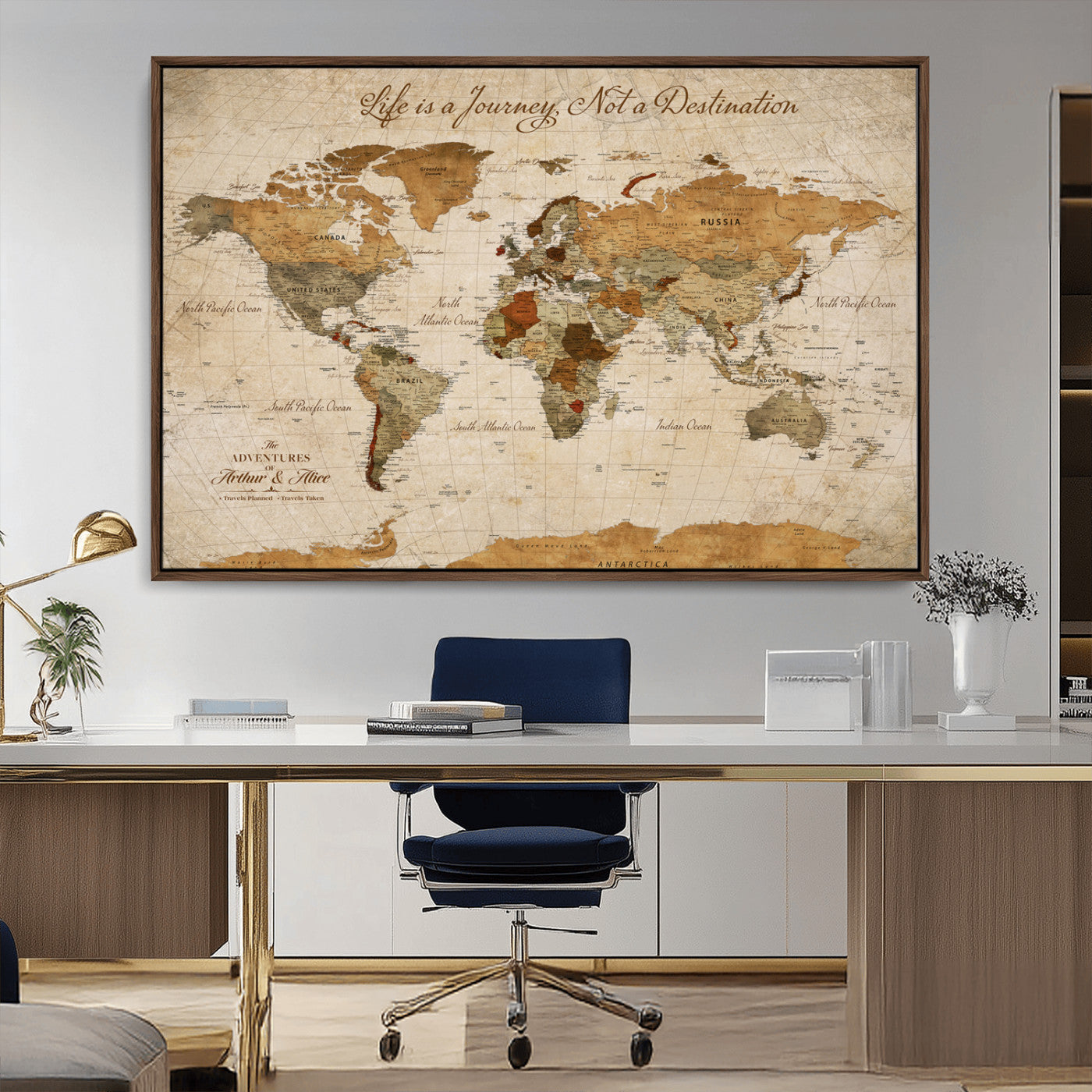 79036691-MGV-CV-36X24-Personalized World Map Canvas Wall Art – Custom Framed Push Pin Travel Tracker Print, Unique Gift for Home or Office Decor