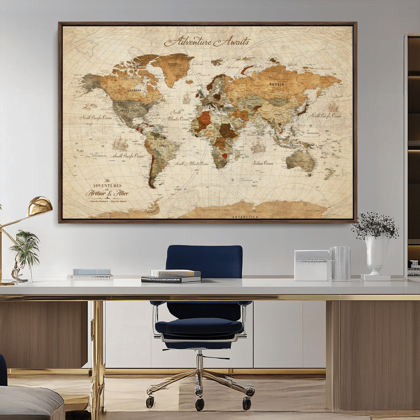 Rehber01-MGV-CV-36X24-Customizable Framed World Map Canvas Print – Personalized Push Pin Travel Map Gift for Couples Explorers for Home, Office