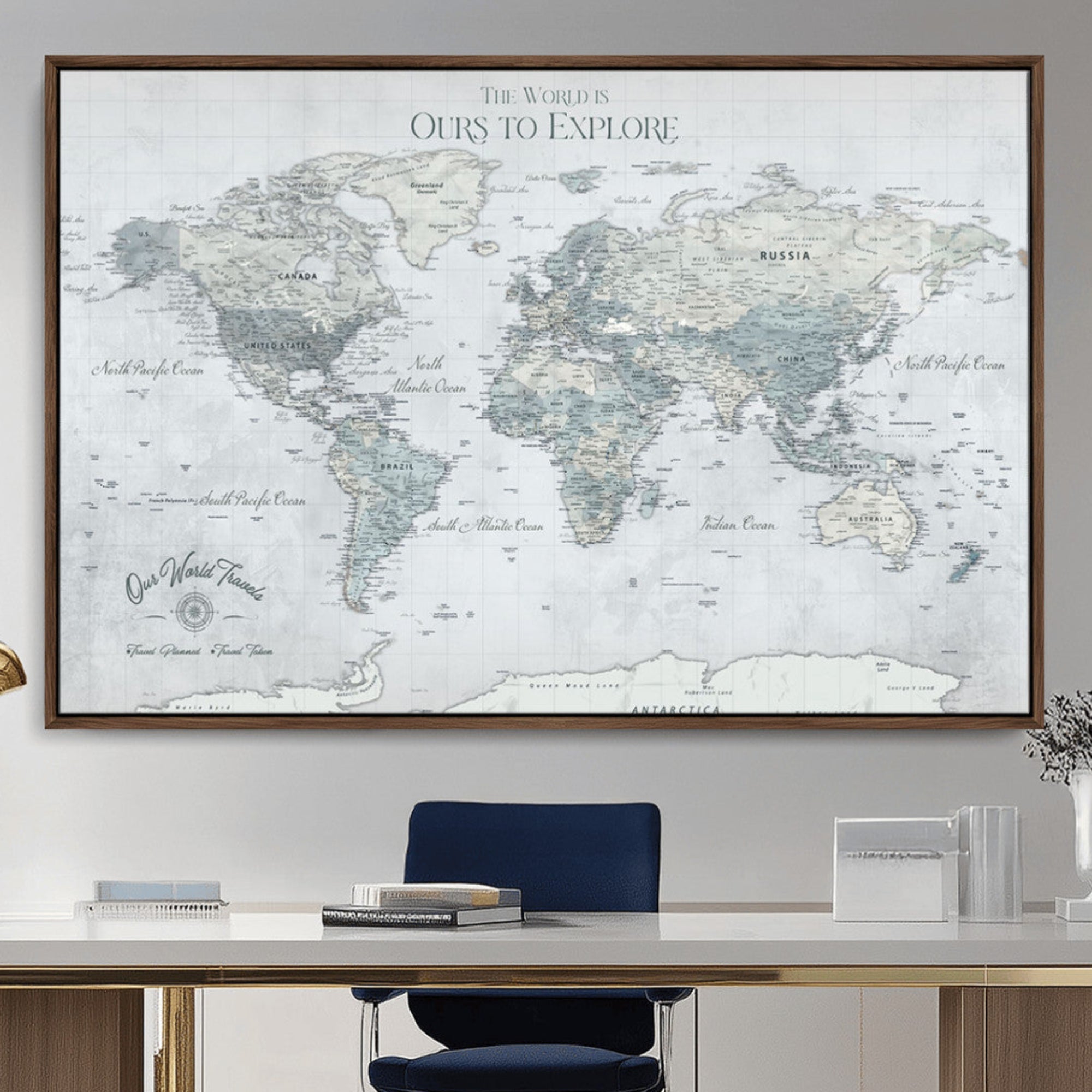 Rehber01-MGV-CV-36X24-Personalized Push Pin World Map Canvas Print – Custom Adventure Travel Map Framed Wall Art Gift for home, office