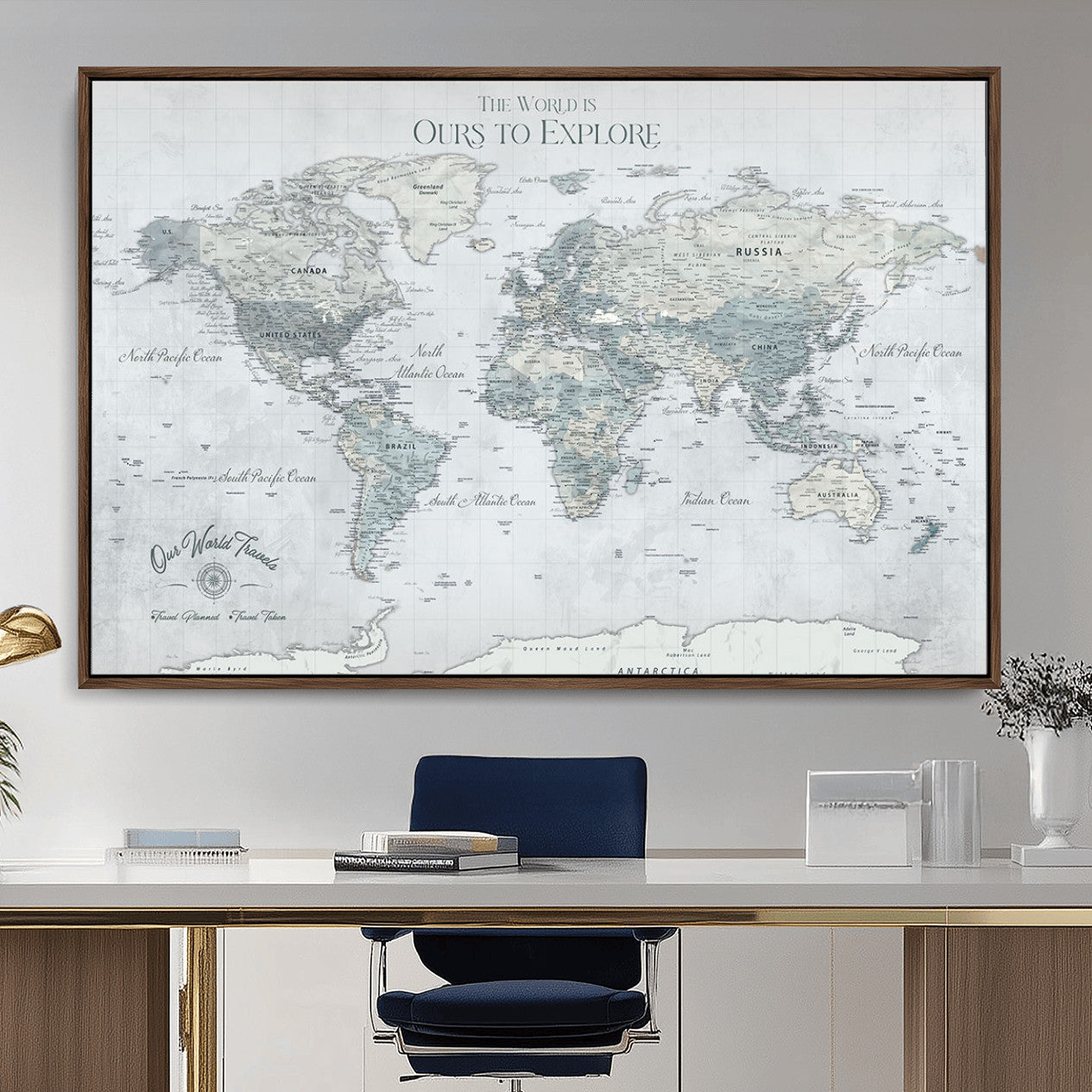 73654056-MGV-FC-36X24 - Personalized Push Pin World Map Canvas Print – Custom Framed Travel Tracker Artwork for Couples or Home Decor