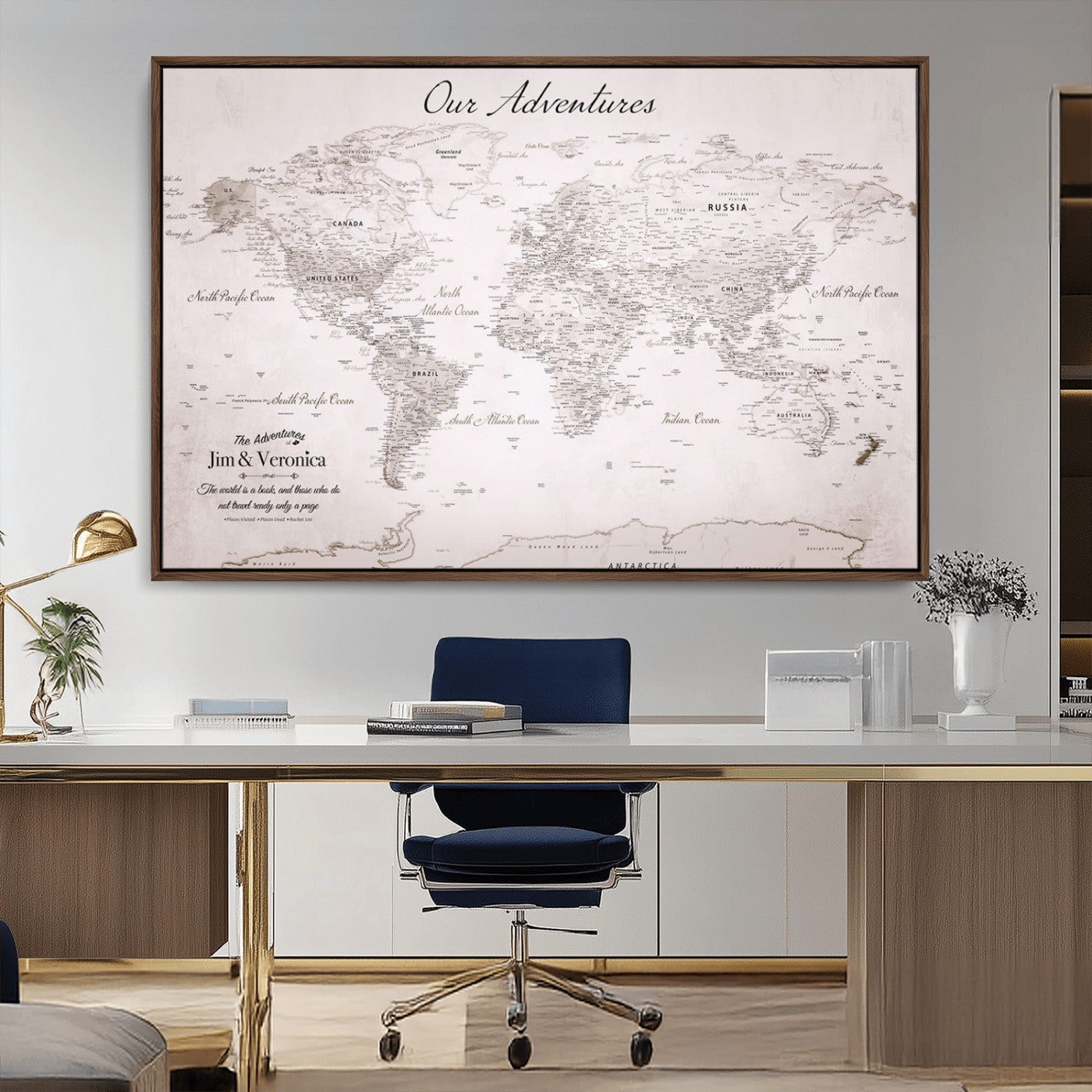 14561774-MGV-CV-36X24-Custom Push Pin World Map Wall Art – Personalized Travel Canvas Print with Foam Pins Framed Decor for Home, Office